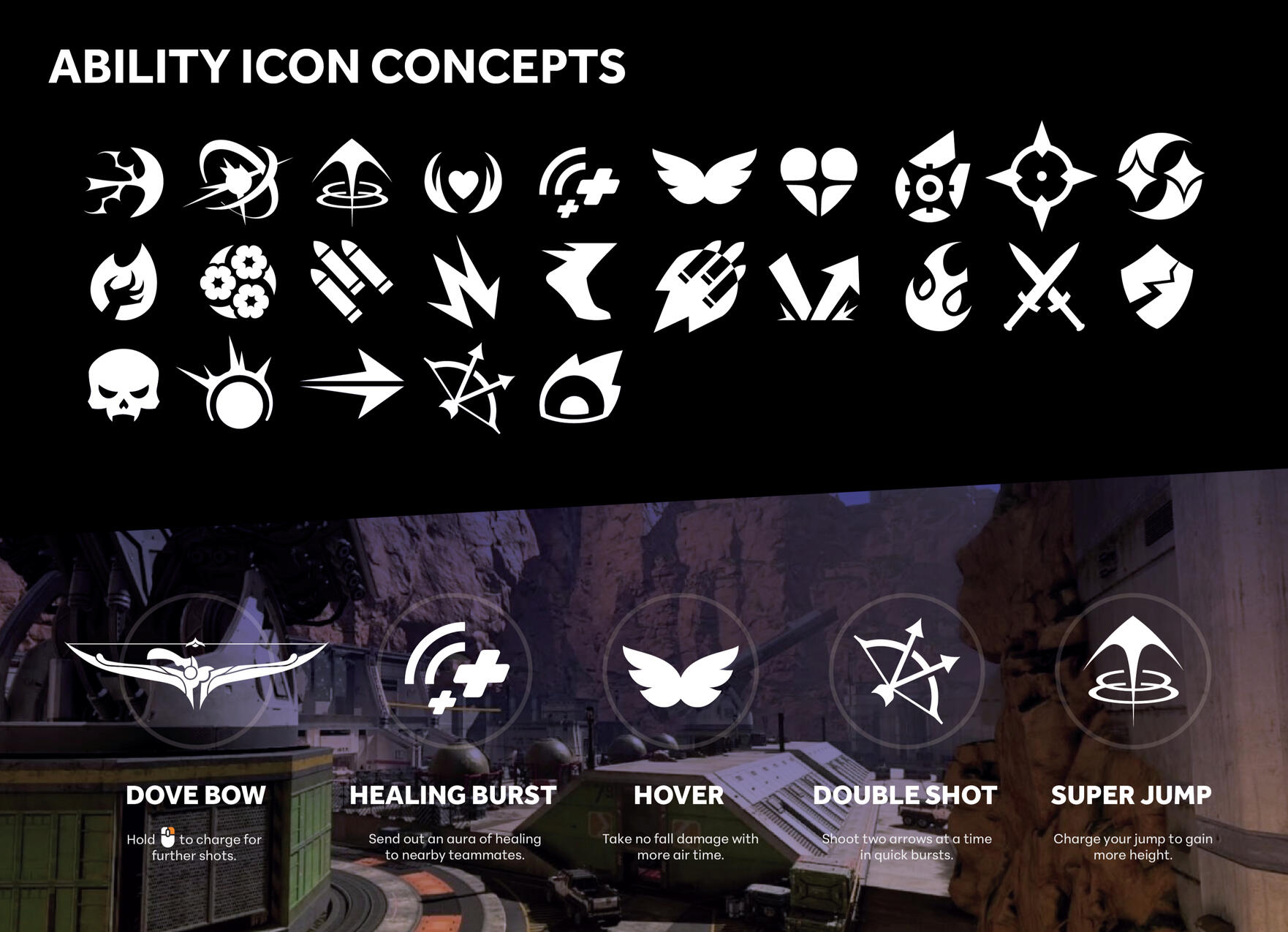 Fictional icon exploration for a support character in a first-person shooter Fictional icon exploration for a support character in a first-person shooter